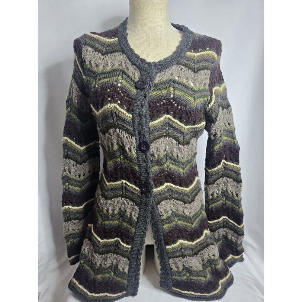 Putumayo 100% Wool Open Knit Cardigan Striped Multicolor Women's Size Small Boho